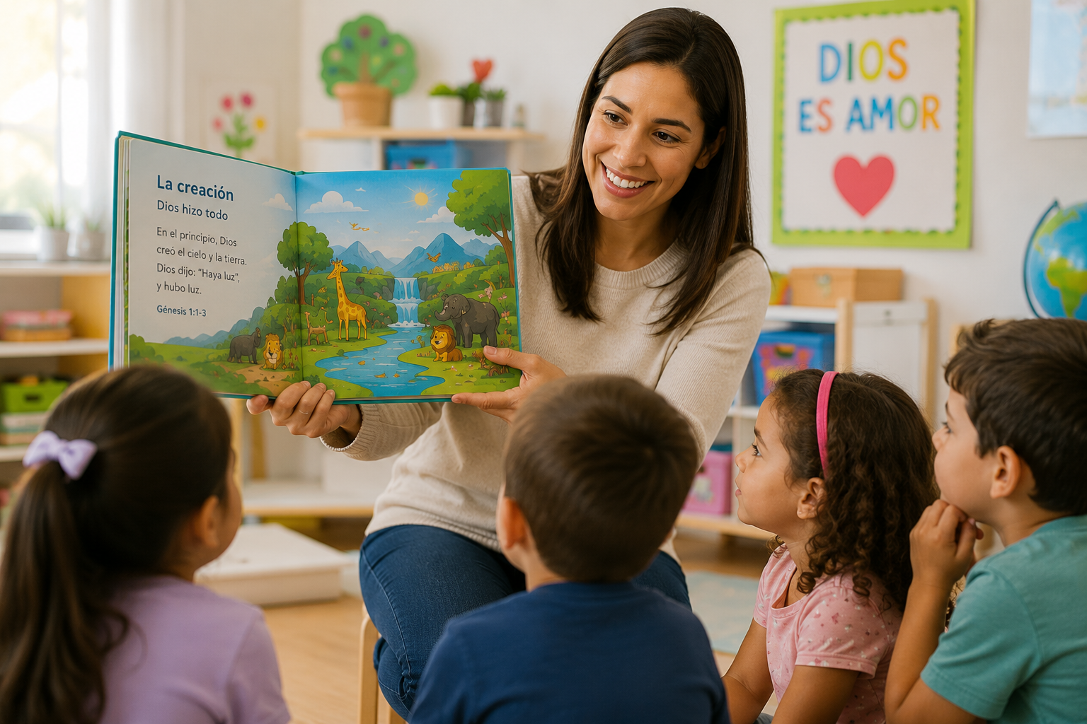 Historias Ilustradas: maestra mostrando lámina bíblica a los niños