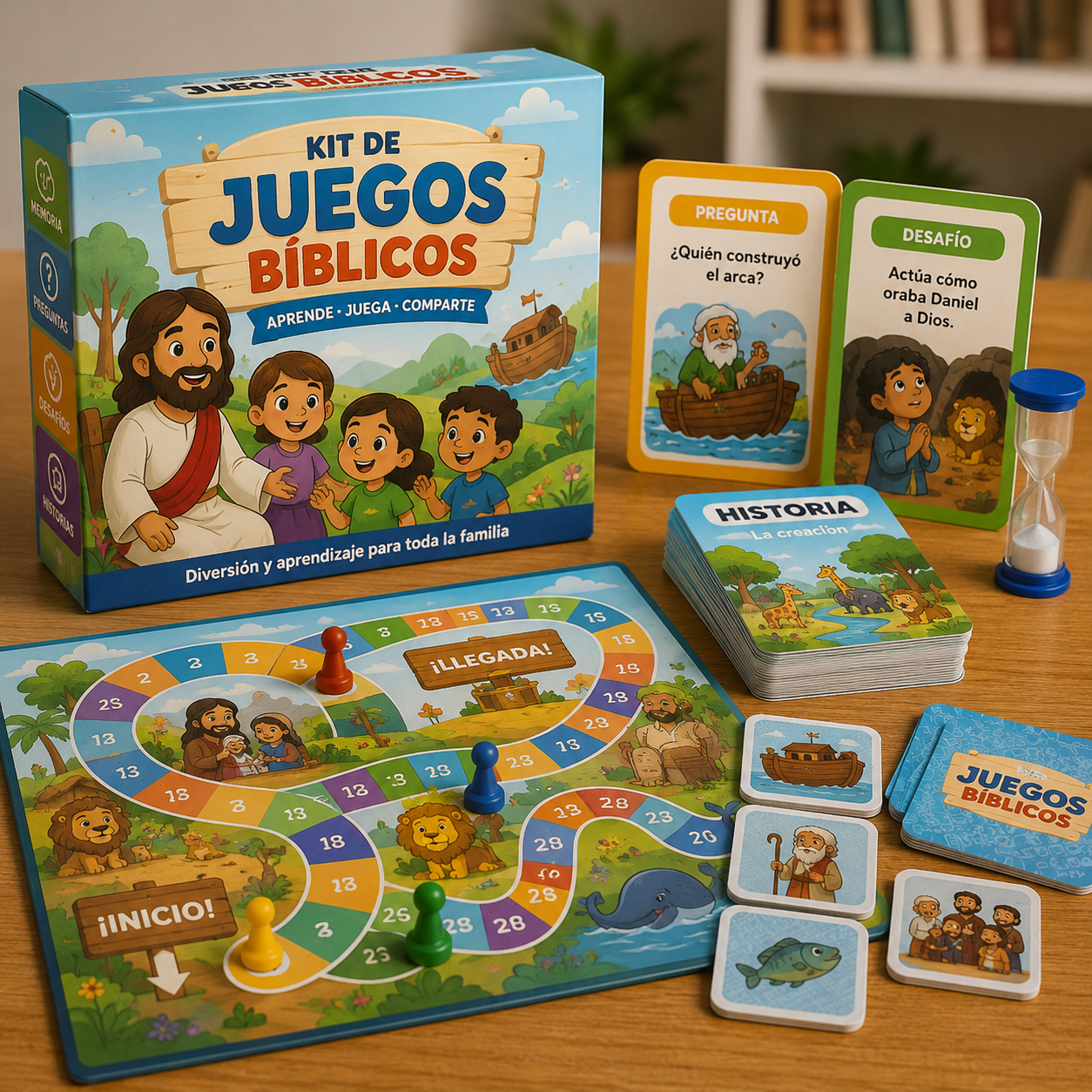 Kit de Juegos Bíblicos: tablero, cartas y dado
